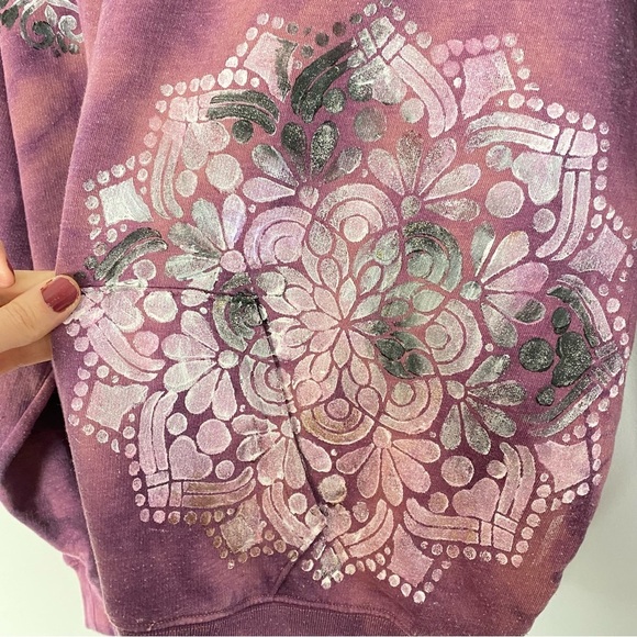 Hand Painted Floral Mandala Hoodie Womens Small Sweatshirt Pullover Pink Pocket - Picture 5 of 14